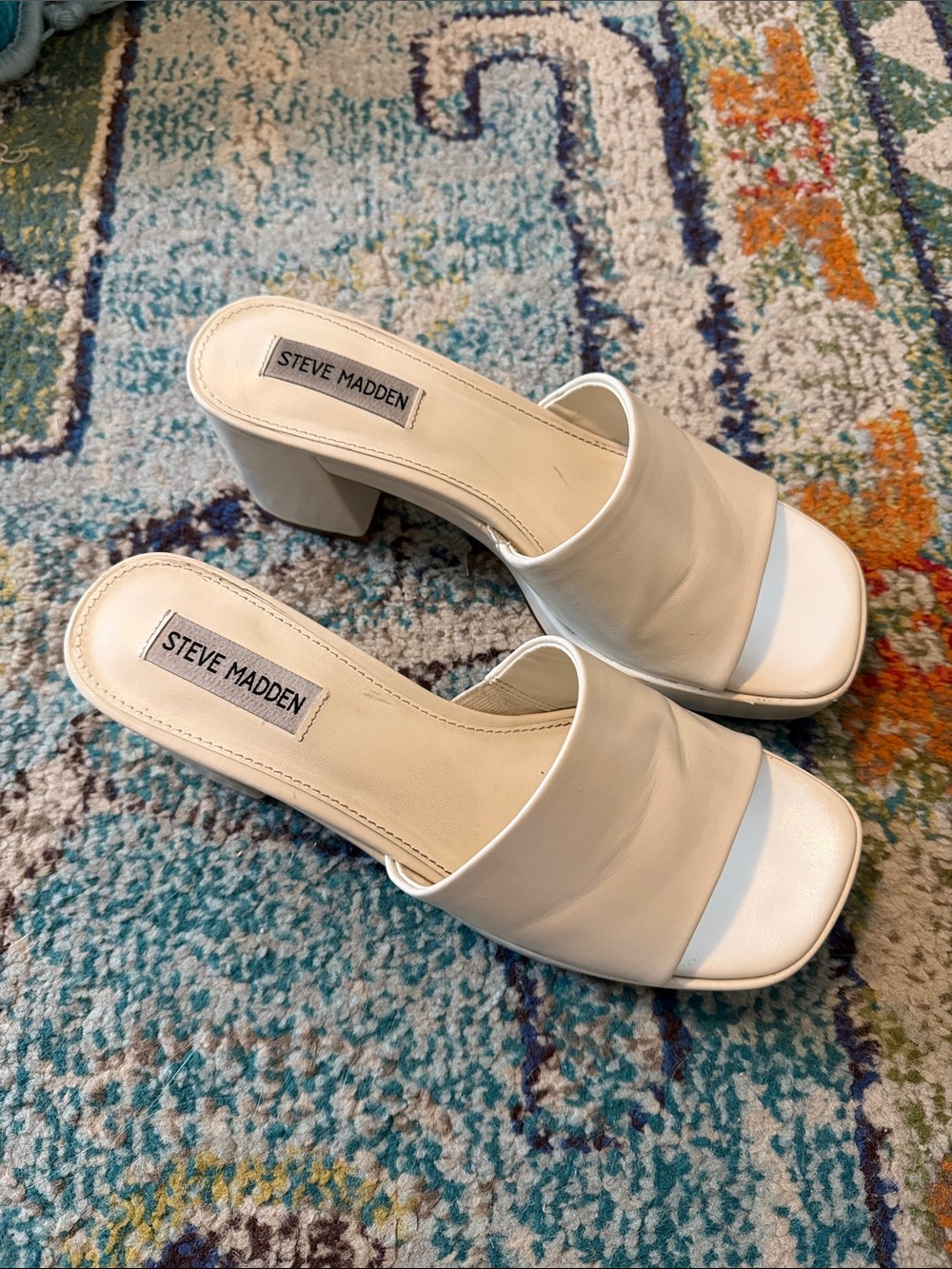 Steve Madden Cream White Block Heel Slide Mules